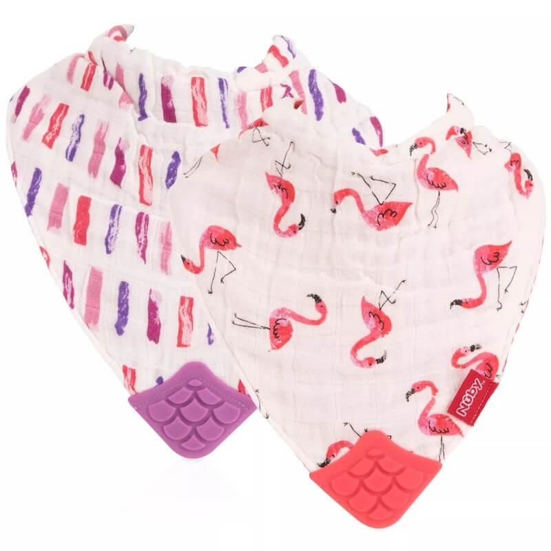 nuby-2pk-muslin-bandana-bibs-with-teether-flamingo-road-&-brush-strokes-1